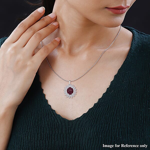 D'Joy Niassa Ruby (FF) And Moissanite 17.25 Ctw Sunburst Pendant Necklace In Rhodium Over Sterling Silver 20 Inches