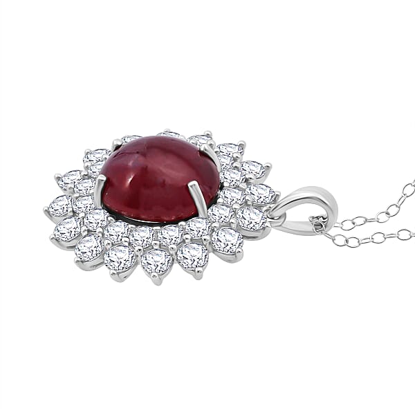 D'Joy Niassa Ruby (FF) And Moissanite 17.25 Ctw Sunburst Pendant Necklace In Rhodium Over Sterling Silver 20 Inches