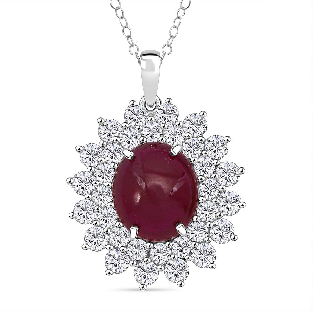 D'Joy Niassa Ruby (FF) and Moissanite 17.25 ctw Sunburst Pendant Necklace in Rhodium Over Sterling Silver 20 Inches