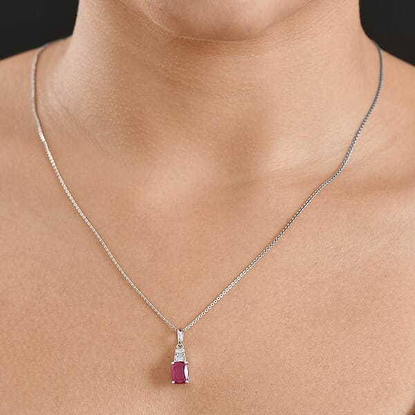 D'Joy Niassa Ruby (FF) And Moissanite 2.40 Ctw Crimson Passion Pendant Necklace In Rhodium Over Sterling Silver 20 Inches