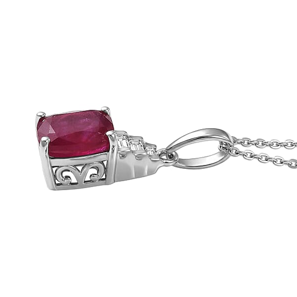 D'Joy Niassa Ruby (FF) And Moissanite 2.40 Ctw Crimson Passion Pendant Necklace In Rhodium Over Sterling Silver 20 Inches