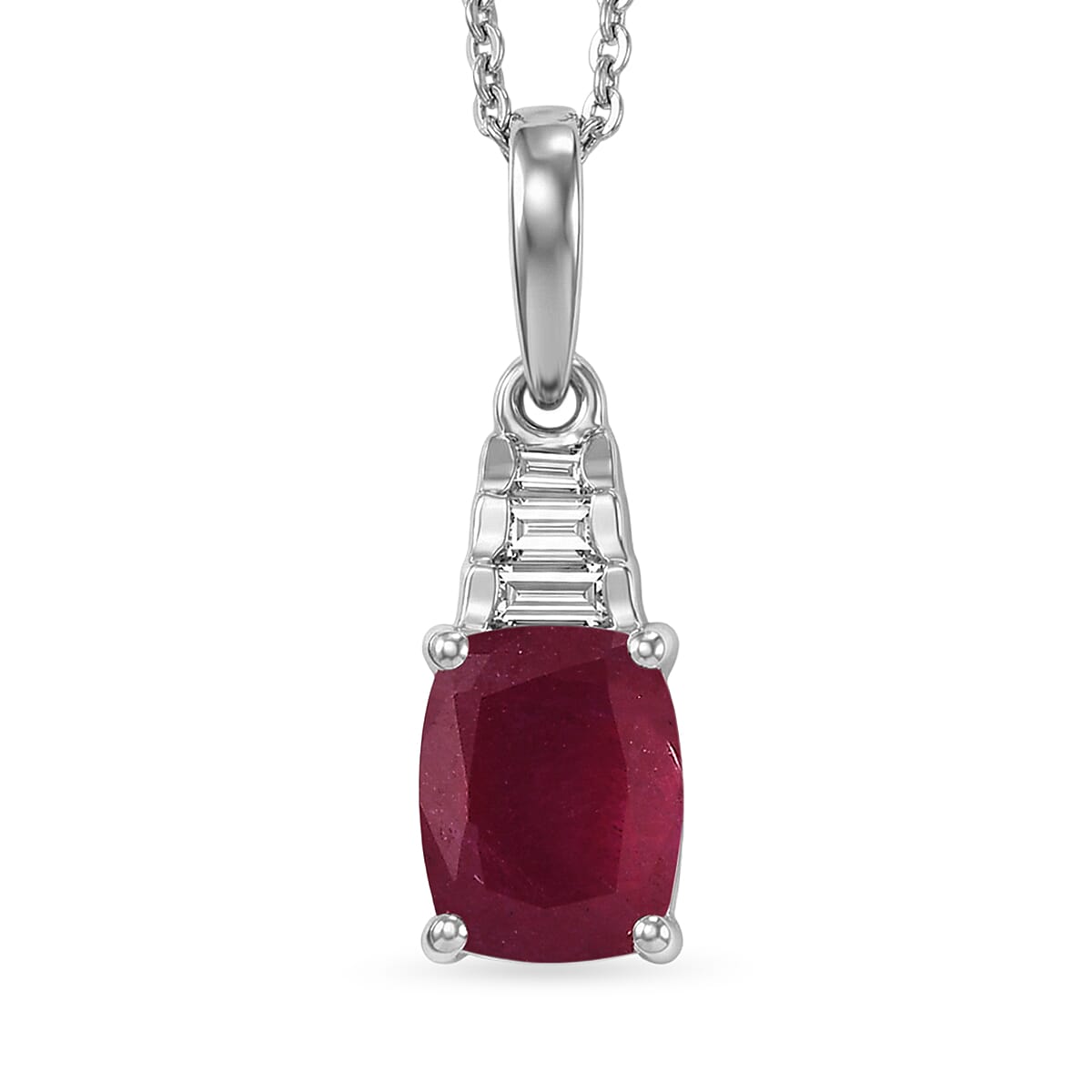 D'Joy Niassa Ruby (FF) and Moissanite 2.40 ctw Crimson Passion Pendant Necklace in Rhodium Over Sterling Silver 20 Inches