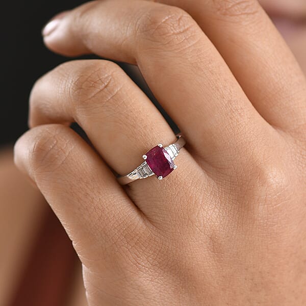 D'Joy Niassa Ruby (FF) And Moissanite 2.60 Ctw Crimson Passion Ring In Rhodium Over Sterling Silver