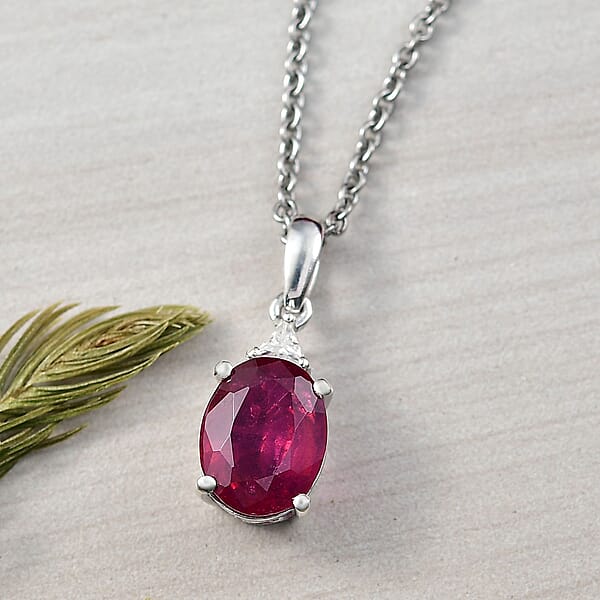D'Joy Niassa Ruby (FF) And Moissanite 3.75 Ctw Trinity Of Elegance Pendant Necklace In Rhodium Over Sterling Silver 20 Inches