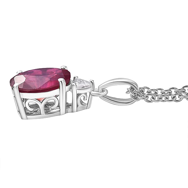 D'Joy Niassa Ruby (FF) And Moissanite 3.75 Ctw Trinity Of Elegance Pendant Necklace In Rhodium Over Sterling Silver 20 Inches