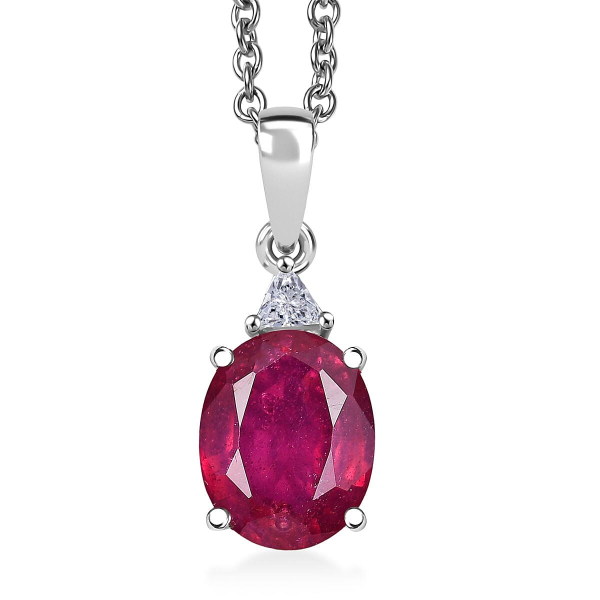 D'Joy Niassa Ruby (FF) and Moissanite 3.75 ctw Trinity of Elegance Pendant Necklace in Rhodium Over Sterling Silver 20 Inches
