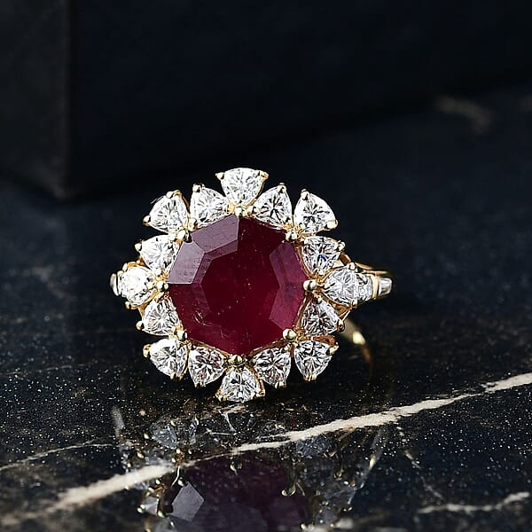 D'Joy Niassa Ruby (FF) And Moissanite 8.15 Ctw Ring In 18K Vermeil Yellow Gold Over Sterling Silver