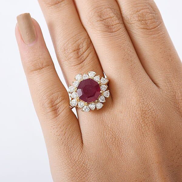 D'Joy Niassa Ruby (FF) And Moissanite 8.15 Ctw Ring In 18K Vermeil Yellow Gold Over Sterling Silver