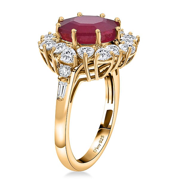 D'Joy Niassa Ruby (FF) And Moissanite 8.15 Ctw Ring In 18K Vermeil Yellow Gold Over Sterling Silver