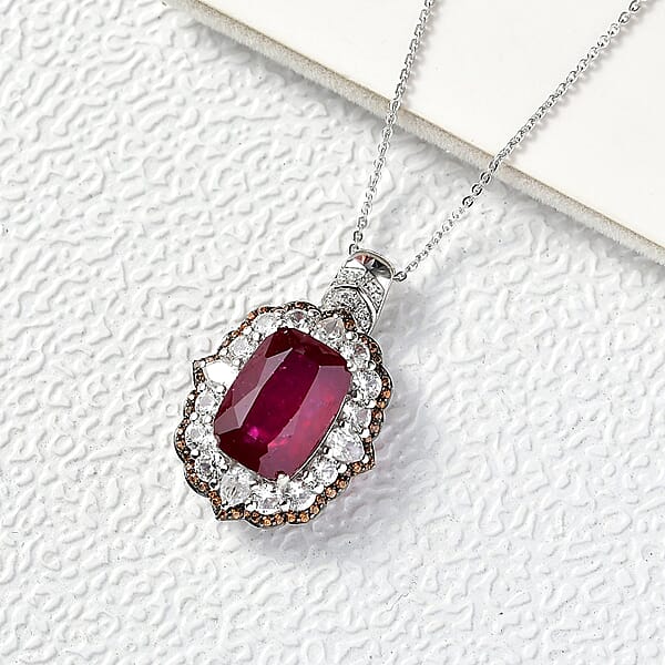 D'Joy Niassa Ruby (FF) And Multi Gemstone 14.90 Ctw Art Deco Pendant Necklace 20 Inches In Rhodium Over Sterling Silver