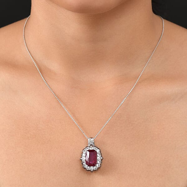 D'Joy Niassa Ruby (FF) And Multi Gemstone 14.90 Ctw Art Deco Pendant Necklace 20 Inches In Rhodium Over Sterling Silver