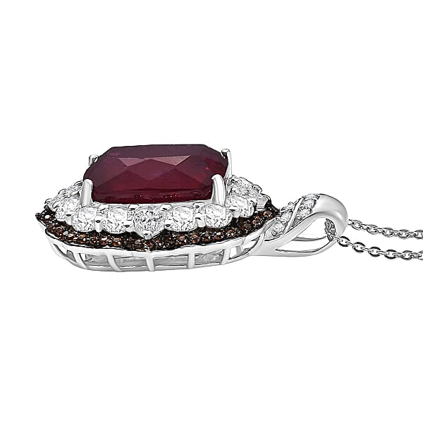 D'Joy Niassa Ruby (FF) And Multi Gemstone 14.90 Ctw Art Deco Pendant Necklace 20 Inches In Rhodium Over Sterling Silver