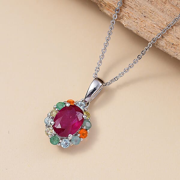D'Joy Niassa Ruby (FF) And Multi Gemstone 2.45 Ctw Pendant Necklace In Rhodium Over Sterling Silver 20 Inches