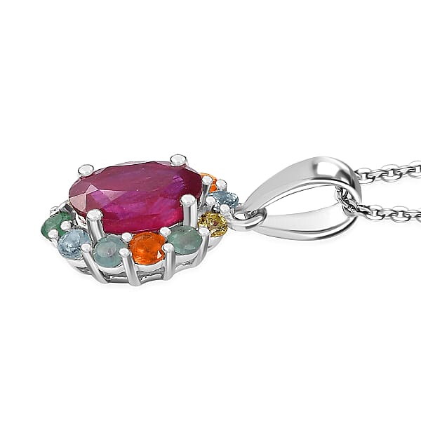 D'Joy Niassa Ruby (FF) And Multi Gemstone 2.45 Ctw Pendant Necklace In Rhodium Over Sterling Silver 20 Inches