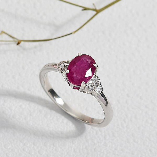 D'Joy Niassa Ruby (FF) And White Zircon 2.10 Ctw Ring In Platinum Over Sterling Silver