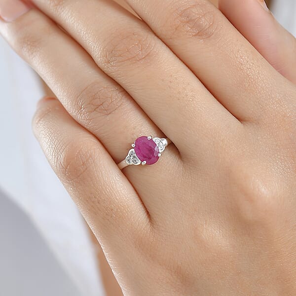 D'Joy Niassa Ruby (FF) And White Zircon 2.10 Ctw Ring In Platinum Over Sterling Silver