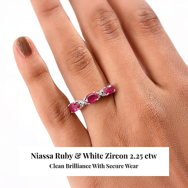 D’Joy Niassa Ruby (FF) And White Zircon 2.25 Ctw Four Leaf Clover Ring In Rhodium Over Sterling Silver