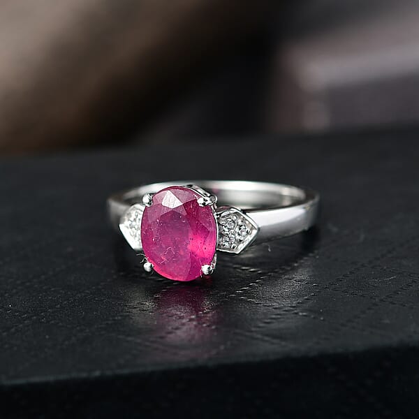 D'Joy Niassa Ruby (FF) And White Zircon 2.75 Ctw Ring In Platinum Over Sterling Silver