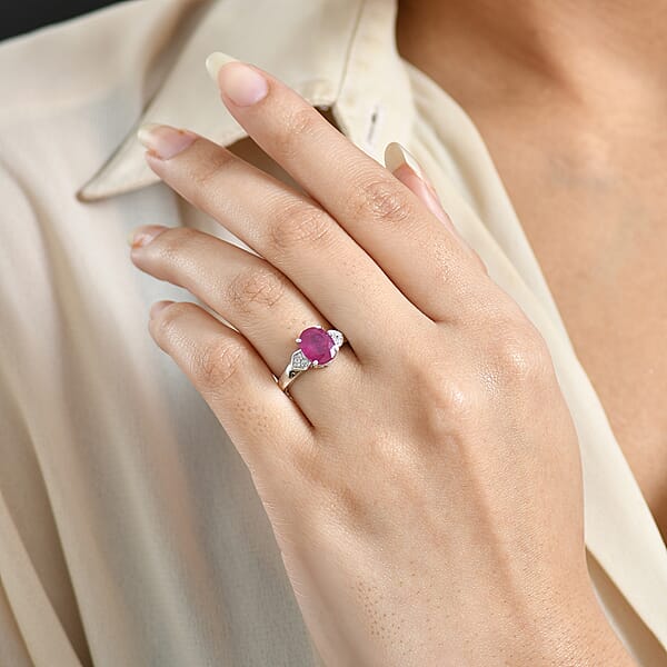 D'Joy Niassa Ruby (FF) And White Zircon 2.75 Ctw Ring In Platinum Over Sterling Silver