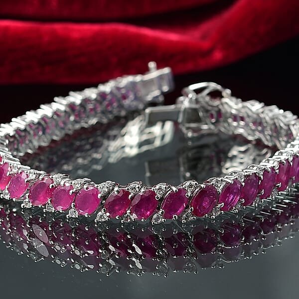 D'Joy Niassa Ruby (FF) And White Zircon 25.75 Ctw Crimson Elegance Bracelet In Rhodium Over Sterling Silver (7.25 In)