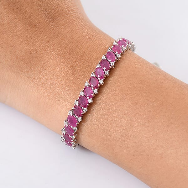 D'Joy Niassa Ruby (FF) And White Zircon 25.75 Ctw Crimson Elegance Bracelet In Rhodium Over Sterling Silver (7.25 In)