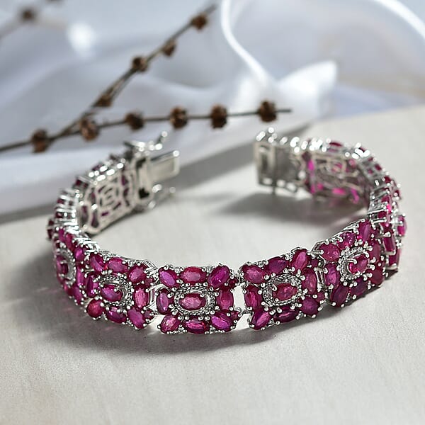 D'Joy Niassa Ruby (FF) And White Zircon 37.30 Ctw Art Deco Bracelet In Rhodium Over Sterling Silver (6.50 In)