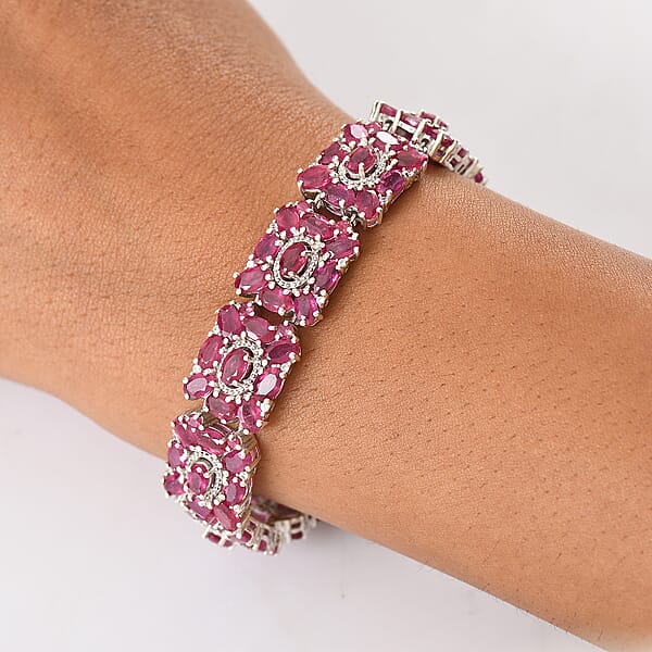 D'Joy Niassa Ruby (FF) And White Zircon 37.30 Ctw Art Deco Bracelet In Rhodium Over Sterling Silver (6.50 In)