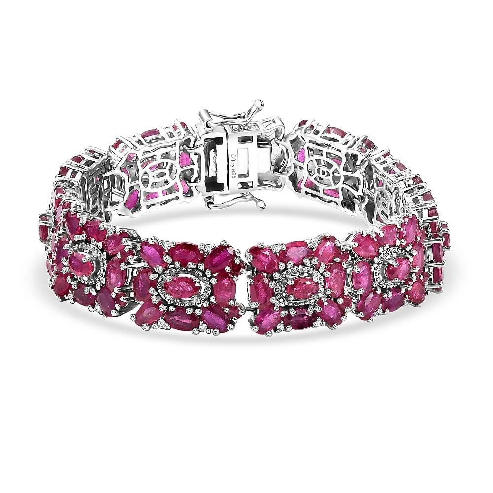 D'Joy Niassa Ruby (FF) and White Zircon 37.30 ctw Art Deco Bracelet in Rhodium Over Sterling Silver (6.50 In)