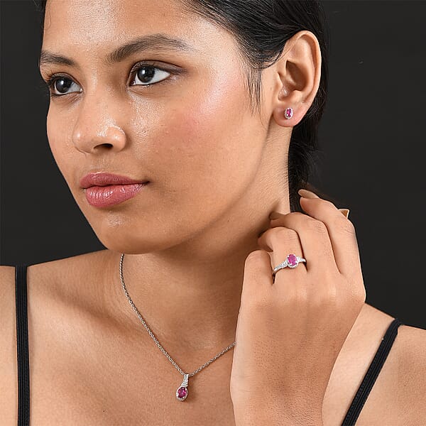 D'Joy Niassa Ruby (FF) White Zircon 3.10 Ctw Sea Waves Stud Earrings Ring And Pendant Necklace 20 Inches In Rhodium Over Sterling Silver