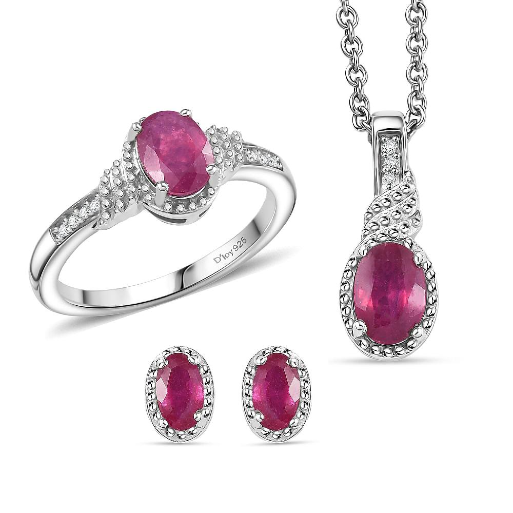 D'Joy Niassa Ruby (FF) White Zircon 3.10 ctw Sea Waves Stud Earrings Ring and Pendant Necklace 20 Inches in Rhodium Over Sterling Silver
