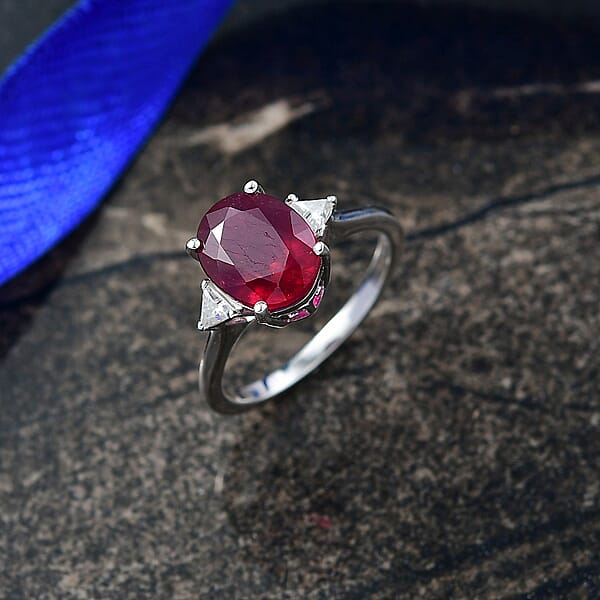 D'Joy Niassa Ruby Moissanite Trinity Ring In Rhodium Over Sterling Silver 4.00 Ctw