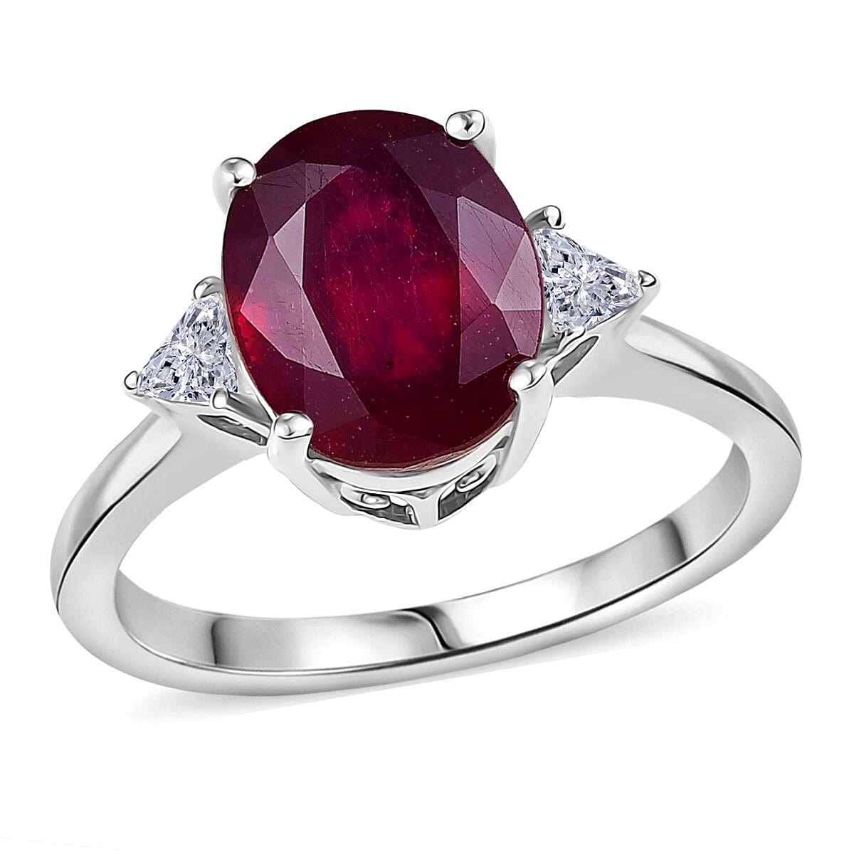D'Joy Niassa Ruby Moissanite Trinity Ring in Rhodium Over Sterling Silver 4.00 ctw