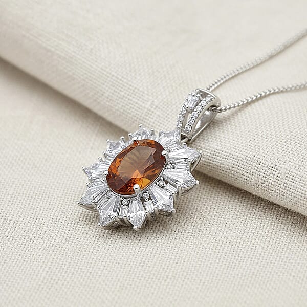D'Joy Orange Kyanite Moissanite Pendant Necklace In Rhodium Over Sterling Silver 5.00 Ctw (18 Inches)