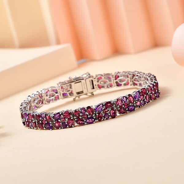D'Joy Orissa Rhodolite Garnet And Amethyst Floral Garland Bracelet In Rhodium Over Sterling Silver (7.25 In) 22.40 Ctw