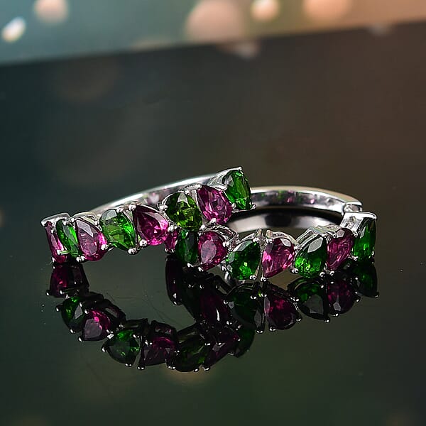 D'Joy Orissa Rhodolite Garnet And Chrome Diopside 7.35 Ctw Leaves Earrings In Rhodium Over Sterling Silver