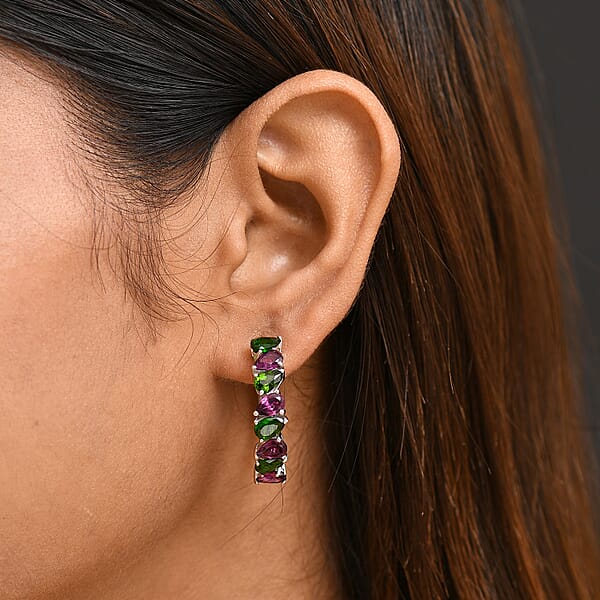 D'Joy Orissa Rhodolite Garnet And Chrome Diopside 7.35 Ctw Leaves Earrings In Rhodium Over Sterling Silver