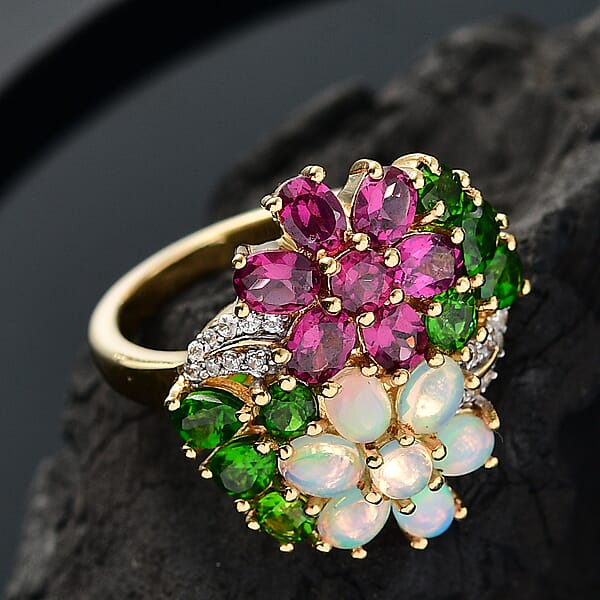 D'Joy Orissa Rhodolite Garnet And Multi Gemstone 3.50 Ctw Plumeria Flower Ring In 18K Vermeil Yellow Gold Over Sterling Silver