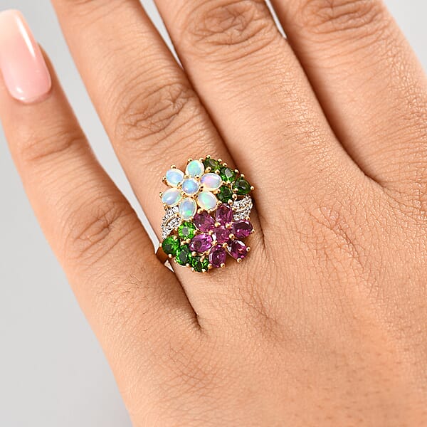 D'Joy Orissa Rhodolite Garnet And Multi Gemstone 3.50 Ctw Plumeria Flower Ring In 18K Vermeil Yellow Gold Over Sterling Silver