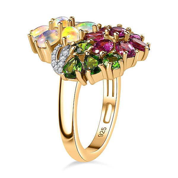 D'Joy Orissa Rhodolite Garnet And Multi Gemstone 3.50 Ctw Plumeria Flower Ring In 18K Vermeil Yellow Gold Over Sterling Silver