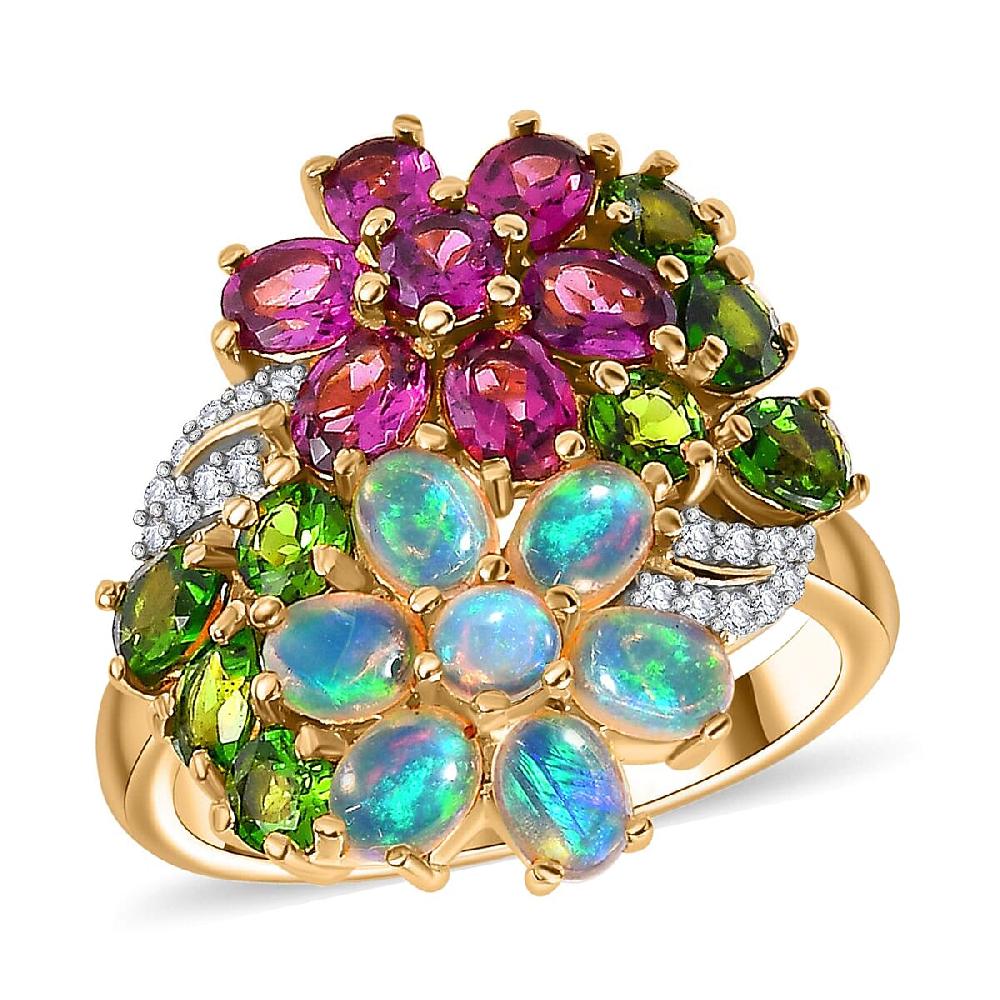 D'Joy Orissa Rhodolite Garnet and Multi Gemstone 3.50 ctw Plumeria Flower Ring in 18K Vermeil Yellow Gold Over Sterling Silver