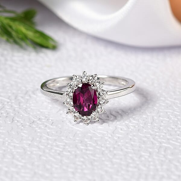 D'Joy Orissa Rhodolite Garnet And White Zircon 1.45 Ctw Ring In Rhodium Over Sterling Silver