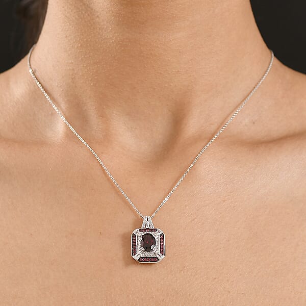D'Joy Orissa Rhodolite Garnet And White Zircon 3.30 Ctw Art Deco Pendant Necklace In Rhodium Over Sterling Silver 20 Inches