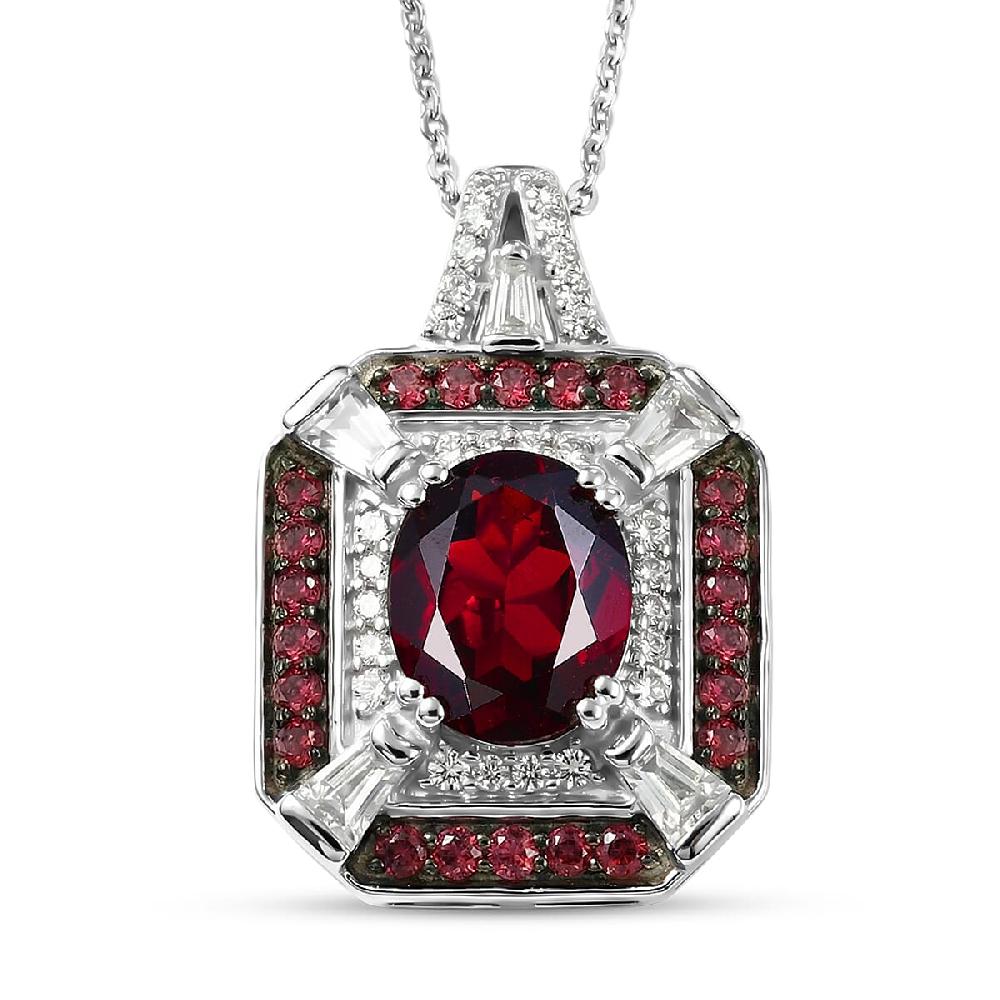 D'Joy Orissa Rhodolite Garnet and White Zircon 3.30 ctw Art Deco Pendant Necklace in Rhodium Over Sterling Silver 20 Inches