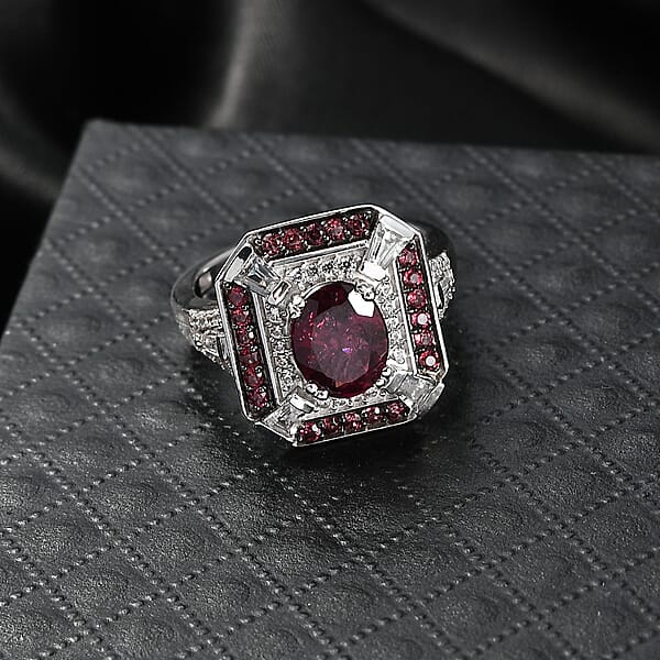 D'Joy Orissa Rhodolite Garnet And White Zircon 3.40 Ctw Art Deco Ring In Rhodium Over Sterling Silver