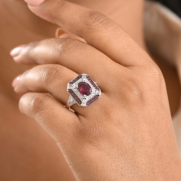 D'Joy Orissa Rhodolite Garnet And White Zircon 3.40 Ctw Art Deco Ring In Rhodium Over Sterling Silver
