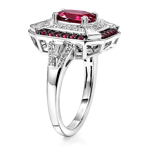 D'Joy Orissa Rhodolite Garnet And White Zircon 3.40 Ctw Art Deco Ring In Rhodium Over Sterling Silver