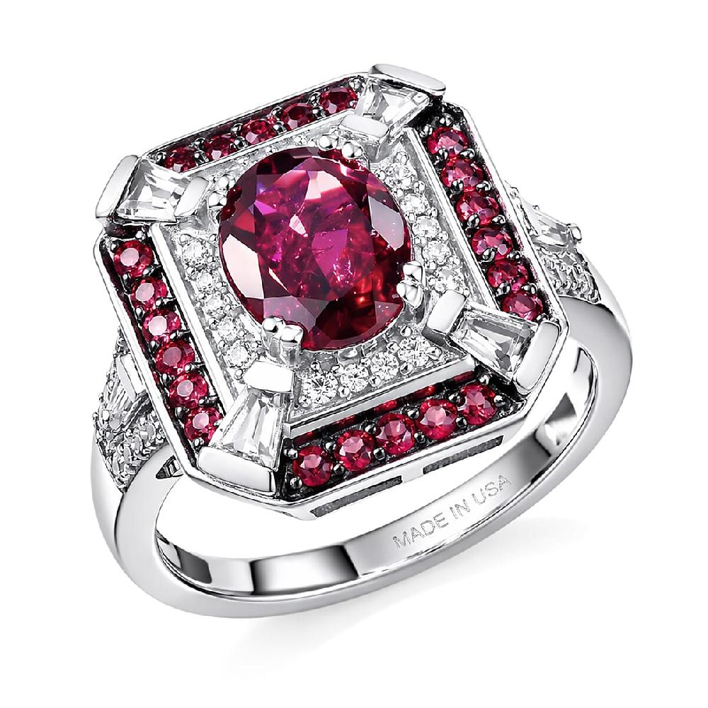 D'Joy Orissa Rhodolite Garnet and White Zircon 3.40 ctw Art Deco Ring in Rhodium Over Sterling Silver