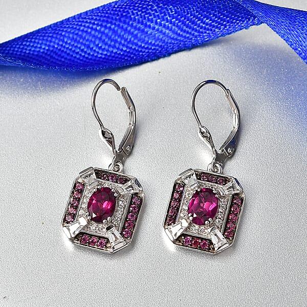 D'Joy Orissa Rhodolite Garnet And White Zircon 3.70 Ctw Art Deco Earrings In Rhodium Over Sterling Silver