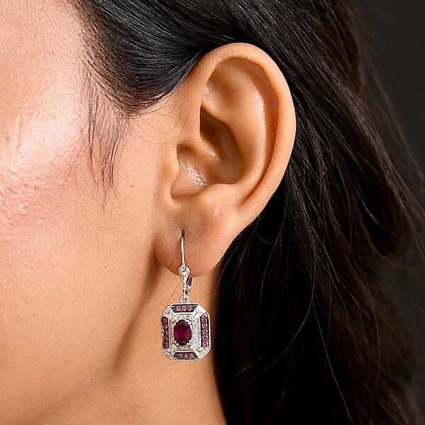 D'Joy Orissa Rhodolite Garnet And White Zircon 3.70 Ctw Art Deco Earrings In Rhodium Over Sterling Silver