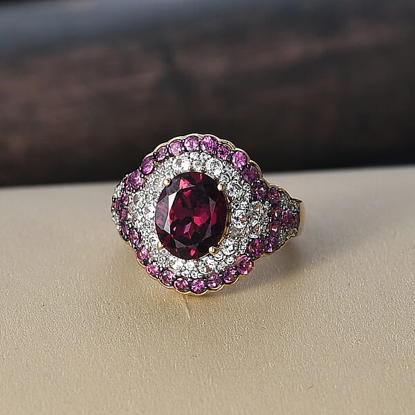 D'Joy Orissa Rhodolite Garnet And White Zircon 5.10 Ctw Classic Ornate Oval Ring In 18K Vermeil Yellow Gold Over Sterling Silver